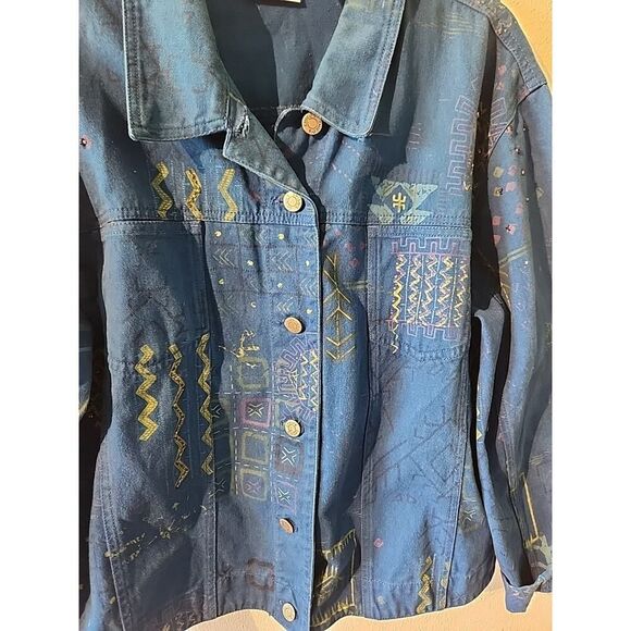 Chico's Design Royal Blue Sequin Button Up Jean Jacket Size 3 Large Aztec Geo - Picture 2 of 4